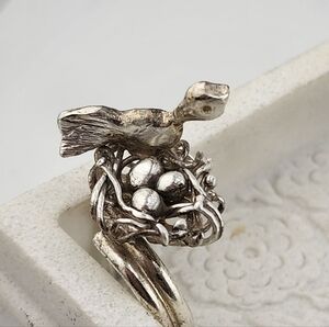 BIRD NEST EGGS 3D RING HANDMADE IN RECYCLED STERLING SILVER ADJUSTABLE RING SIZE